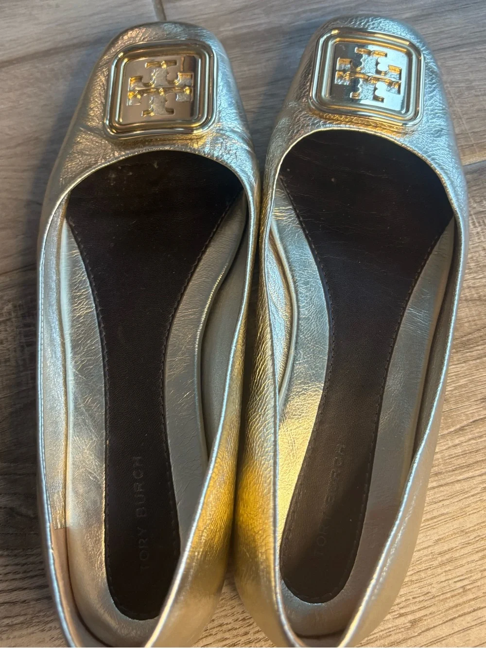 Tory Burch Georgia Metallic Gold Square-Toe Logo Ballet Flats size 8